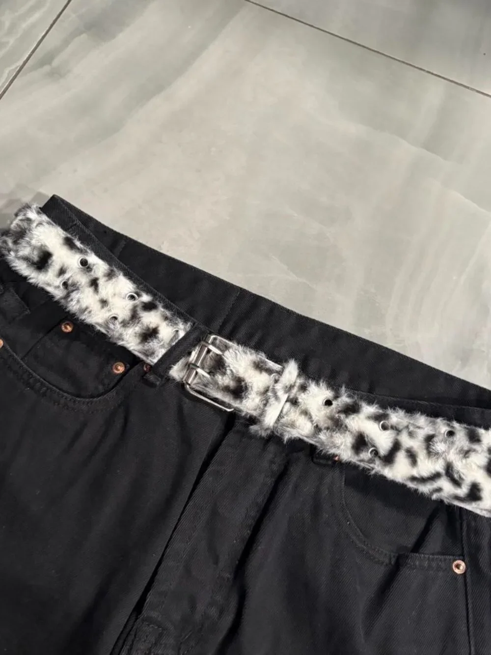 Snow Leopard Print Fur Double Roller Belt